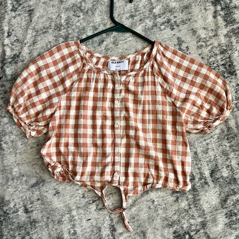 Old Navy Girl's/teen Gingham crop top tie & button Blouse - Tan and White